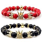 GVUSMIL Imperial Crown Natural Gemstone Bead Bracelet Set King&Queen Luxury Charm Couple Jewelry for Women Men (Red Turquoise+Black Matte Agate)