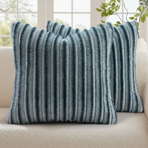 Image of decorUhome Fall Cozy Faux Fur Throw Pillow Covers 20x20 Set of 2 Decorative Soft Plush Striped Modern Farmhouse Boho Couch Pillow Cases with Velvet Back for Sofa Bed Living Room, Blue Grey