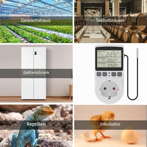 KETOTEK Temperaturregler Steckdose 230V mit Fühler Digital Thermostat Steckdose Heizung Kühlung Temperaturschalter für Gewächshaus Kühlschrank Weiß