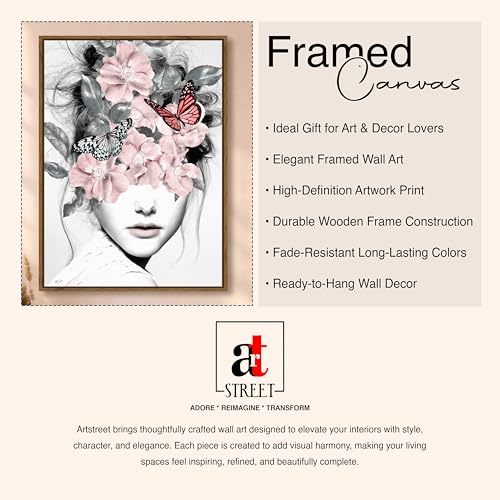 Image of Surreal Floral Mask Woman Framed Canvas Painting For Living Room | Modern Botanical Abstract Portrait Wall Art For Livingroom Wall Decor, Home Decor, Bedroom, Hallway's, Office, Hotel - 43x58 cm