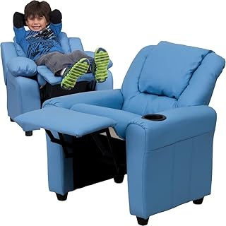 TRP Contemporary Kids Recliner Couch Chair for Livingroom with Cupholder & Headrest | Comfy Plush Back & Padded Seat with Pullout Ottoman | Pretty Light Blue Color Durable Solid Wooden Construction