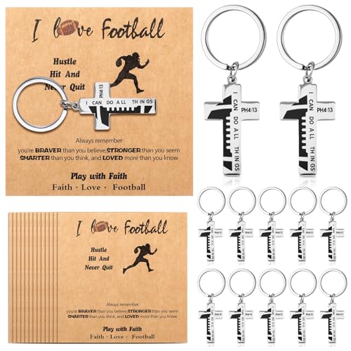 Image of Quelay 24 Sets Football Baseball Softball Christian Cross Keychain with Cards Metal Faith Gift for Teen Athletes