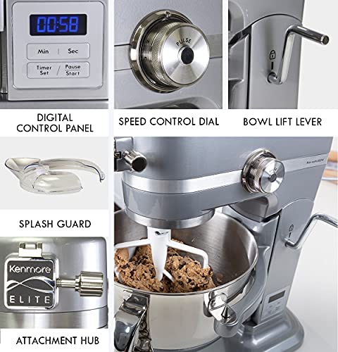Kenmore Elite Heavy-Duty 6 Qt Bowl-Lift Stand Mixer, 600 Watts, With Flat Beater, Wire Whisk, Dough Hook, Stainless Steel Bowls, Led Light, Digital Countdown Timer, Metallic Grey #TOP4