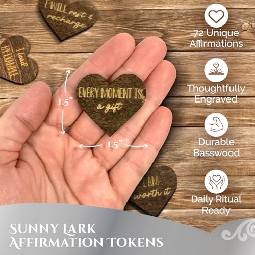 Image of Positive Affirmations Box | Mountain Themed Engraved Wood Box with 72 Positive Affirmation Heart Cutouts | Daily Motivational Gift for Women