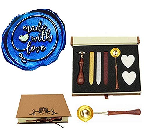 Kit de sello de cera de corazón hecho con amor, monograma, cuchara derretida, vela, sellado, caja de cera para el día de la madre, día del padre,