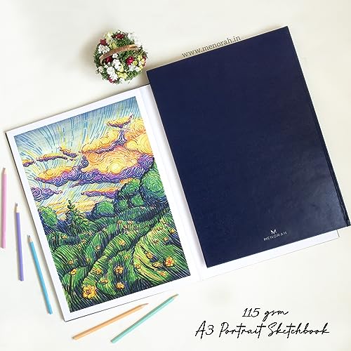 Image of MENORAH Paper Artist Sketch Book - A3-115 Gsm (160 Pages / 80 Sheets) Drawing Notebook - Hard Bound Book - (42 Cm X 29.7 Cm) - Completely Handmade - Portrait-Dark Blue, Watercolor