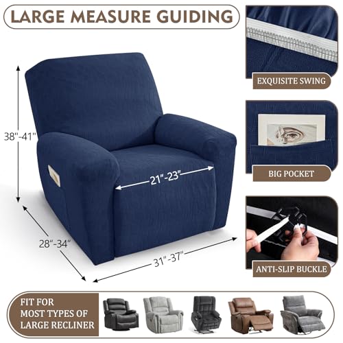 Image of ZNSAYOTX 100% Waterproof Recliner Chair Covers, 3-Piece Stretch Fit Recliner Slipcovers with Buckle & Elastic Band for Lazy Boy, Stay in Place, Soft Plaid Jacquard Protector (Large, Navy Blue)