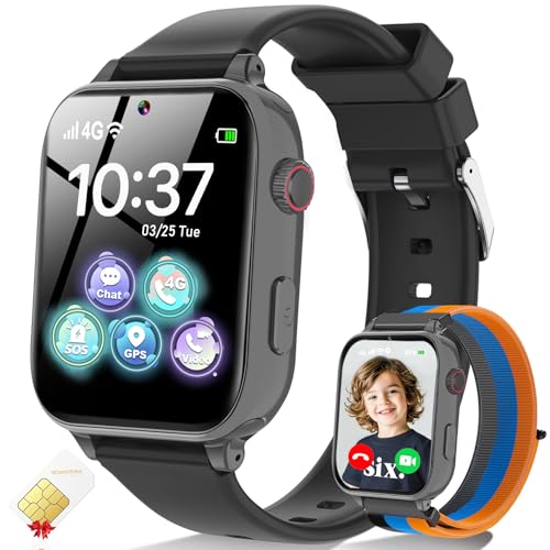 4G Kids Smart Watch for Boys Girls, Kid Watch Phone Ages 4-12 with Call, GPS, SOS, Video Call, Games, Camera, Alarm, Touchscreen Smartwatch for Children Birthday Gift (Includes SIM Card), Black