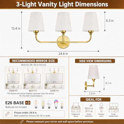 Image of Bathroom Vanity Light, Brushed Gold Bathroom Lighting Fixtures Over Mirror | 3-Light Bathroom Light Fixtures with Flared White Fabric Shade, E26 Socket (ETL Listed)