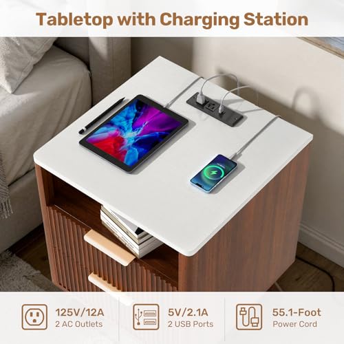 Image of Nebuaegis Modern Nightstand,Side Table with Charging Station,Bedside Tables with Drawer,Mid-Century End Tables Set (1-Piece),Walnut