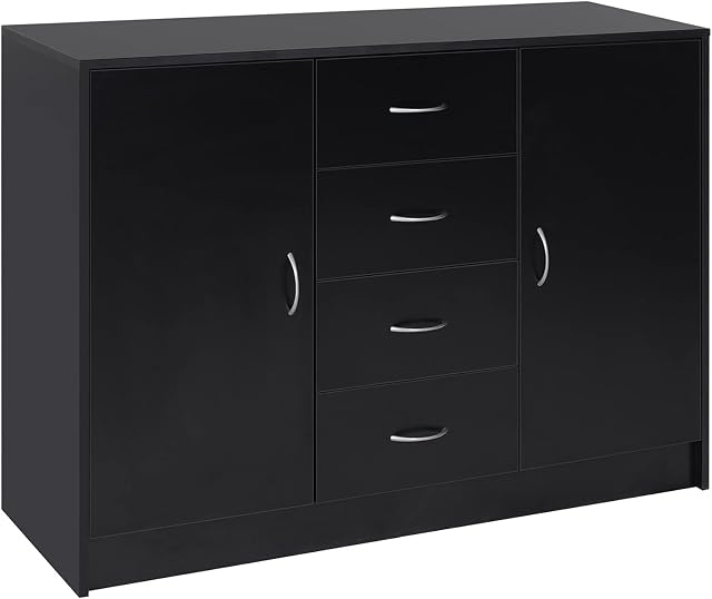 HOMCOM Sideboard, Storage Cabinet with 2 Doors and 4 Drawers, Free Standing Cupboard, Chest Organizer for Kitchen and Living Room, Black