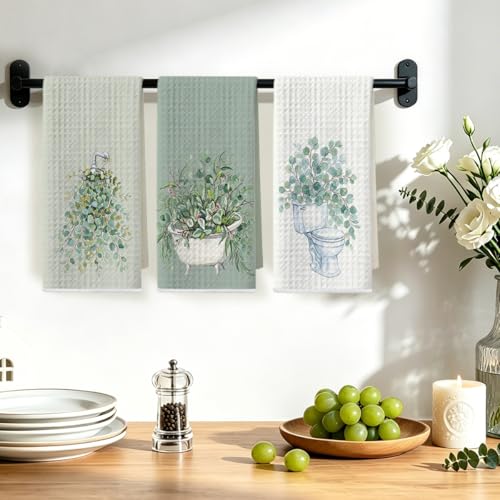 Image of 3 Pcs Eucalyptus Hand Towels 24x14 Inch, Botanical Reusable Dish Towels | Waffle Weave Hand Cloth Tea Towel for Kitchen Farmhouse Decor, Green Leaves Gifts for Women Friend