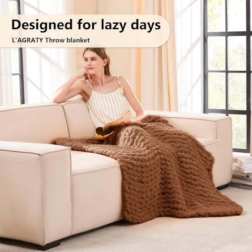 Image of L'AGRATY Chunky Knit Throw Blanket for Couch, 40'' x 50'' Knit Throw, Brown