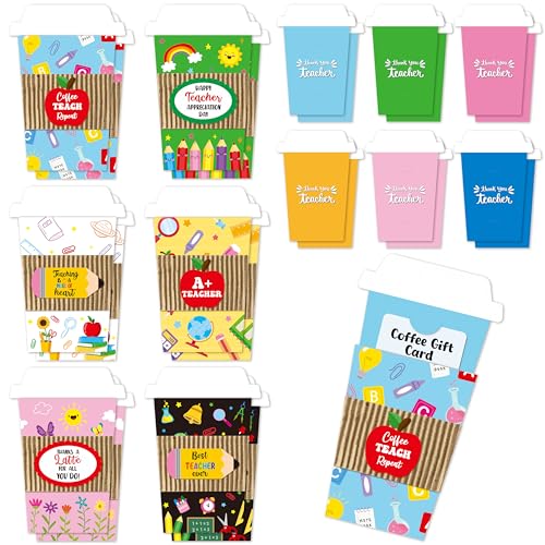 ANGOLIO 12 Teacher Appreciation Coffee Gift Card Holders, Practical Teachers's Day Cup Envelopes are well-made for a Note Cash, Unique Thank You Greeting Cards for Educators Graduations Back to School