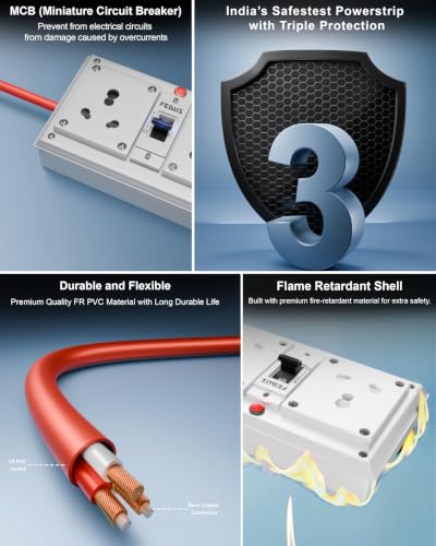 Image of FEDUS 16amp 3000 Watts 1 Meter Cable Heavy Duty High Load Capacity Electric Power Extension Switch Board Cord with 2 Socket 2 Switches,for Oven,EV Charger Charging,Iron Press,Induction Stove,AC
