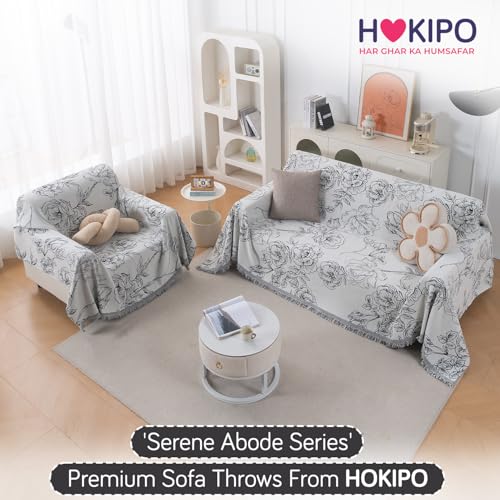 Image of HOKIPO Premium Chenille Printed Sofa Cover Throw Blanket 320 GSM for 3 Seater - All Season Use, 'Serene Abode Series' White Rose Garden (180x310 cm) (AR-6633-D1)