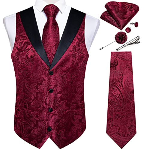 Image of DiBanGu Mens Paisley Suit Vest Silk Jacquard Waistcoat and Necktie Set Formal Shawl Collar Dress Vest 7PCS for Wedding Party
