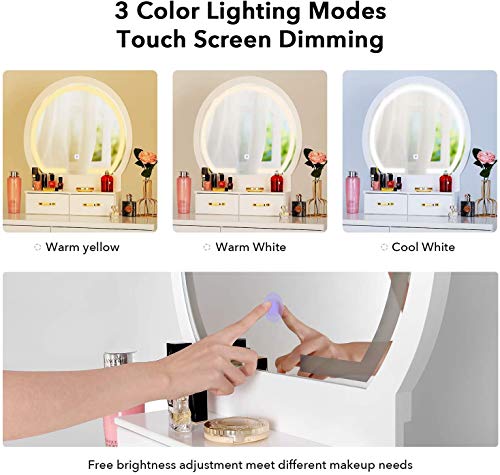 amzdeal Vanity Set with Lighted Mirror, Makeup Vanity Dressing Table with Touch Screen Dimming Mirror, 3 Color Lighting Modes 4 Drawers Dresser Desk and Cushioned Stool Set - White