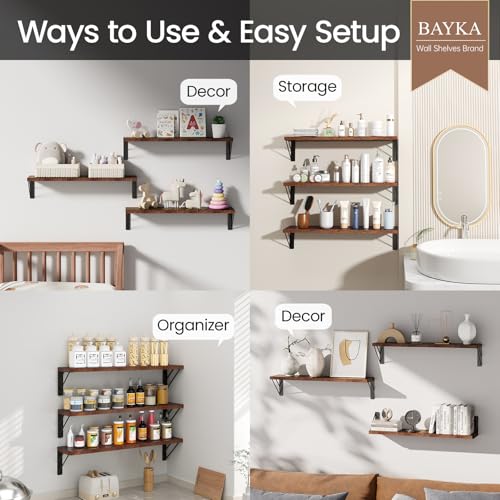 Image of BAYKA 23-in Floating Wall Shelves, Rustic Wood Wall Shelves for Bedroom, Bathroom, Kitchen & Living Room, Display Shelf for Books, Plants & Decor (Rustic Brown)