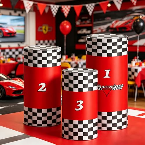 xbaiyanr 3Pcs Large Racing Car Party Spandex Cylinder Stand Covers,Podium Design Style Cylinder Pedestal Covers for Race Car Birthday Decor Truck Theme Race Car Podium Centerpiece Decorations