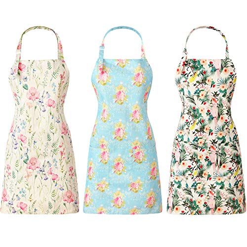 Vicenpal 3 Pieces Women Floral Apron Adjustable Flower Kitchen Aprons Linen Cooking Apron Cute Floral Chef Aprons With 2 Pockets For Wife Mom Grandma Cooking Baking Gardening, 3 Designs #TOP12