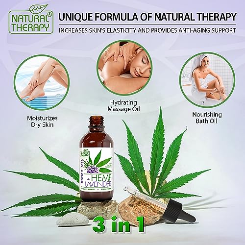 Natural Therapy Body Oil With Hemp & Lavender - Dry Skin Moisturizer And Hydrating Massage Oil - Increase Skin Elasticity And Provide Anti-Aging Support For Face And Body (4 Fl.oz) #TOP5
