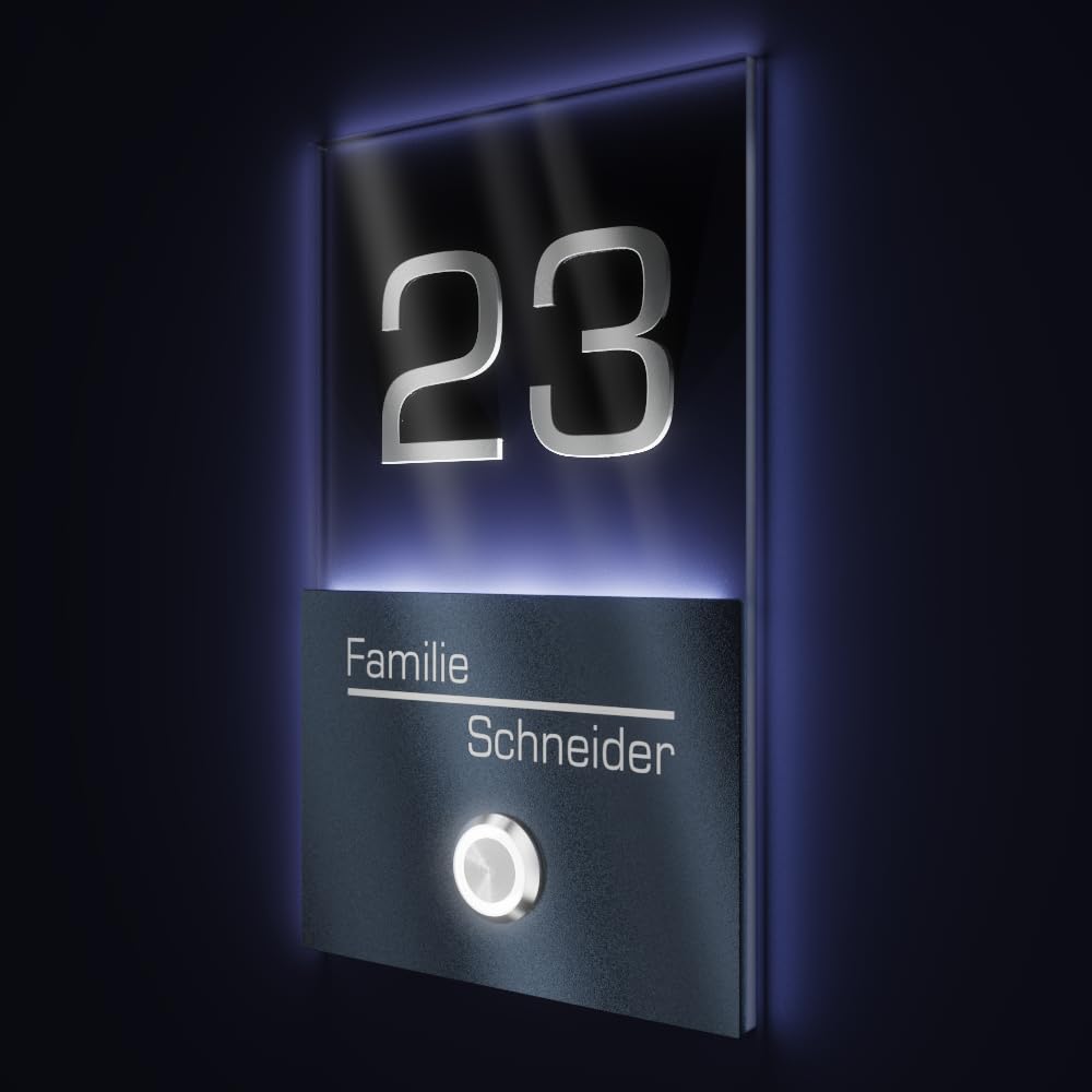 V2A campanello in acciaio inox con incisione del numero civico - 110x180mm Targhetta per campanello a pulsante LED dal design moderno in rivestimento RAL 7016 acrilico nero