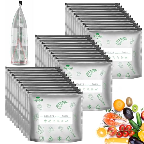 Reusable Aluminum Foil Sealable Storage Bags - Resealable Thick Aluminum Foil Freezer Bags for Food, Stand Up Vacuum Zipper Pouches with Label and Zip Lock for Meat Vegetables Fruit (30PCS, Large)