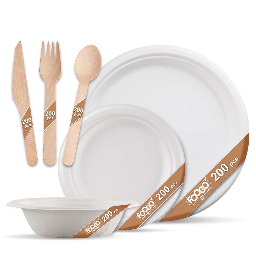 FOOGO Green 1200pcs Disposable Sugarcane Fibre Strong Paper Plates, Bowls and Wooden Cutlery Set, FSC® Certified, 200x Large Round, 200x Small Plates, 200x Bowls, 200x Forks, 200x Knives, 200x Spoons — image 1