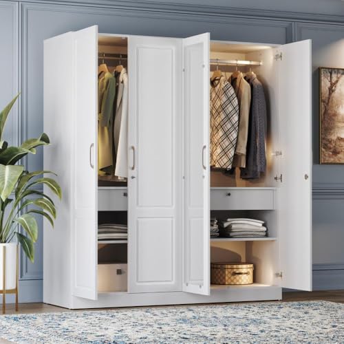 Image of Wakefit Tyrian Plus 4 Door with 4 Shelves 2 Drawers 2 Hanging Areas 1 Mirror SH1-Carcass: Frosty White Shutter: White