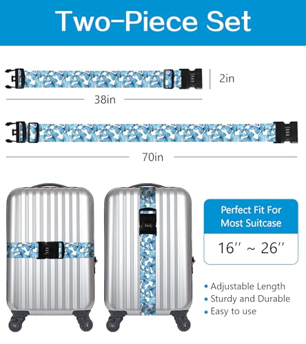 Image of Luggage Straps for Suitcases Travel Belt Luggage Band with Lock Heavy Duty Traveling Luggage Identifier Blue Buttrfly Cute Women Girls Unique Accesory Personalized