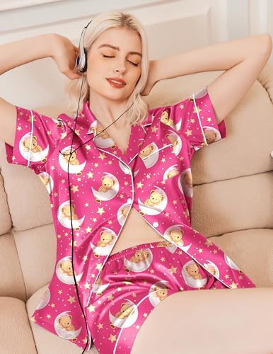 Image of Ekouaer Silk Pajamas for Women Funny Teddy Sleepwear Comfy Short Sleeve Button Down Loungewear Satin Pjs Shorts Set,Rose,S