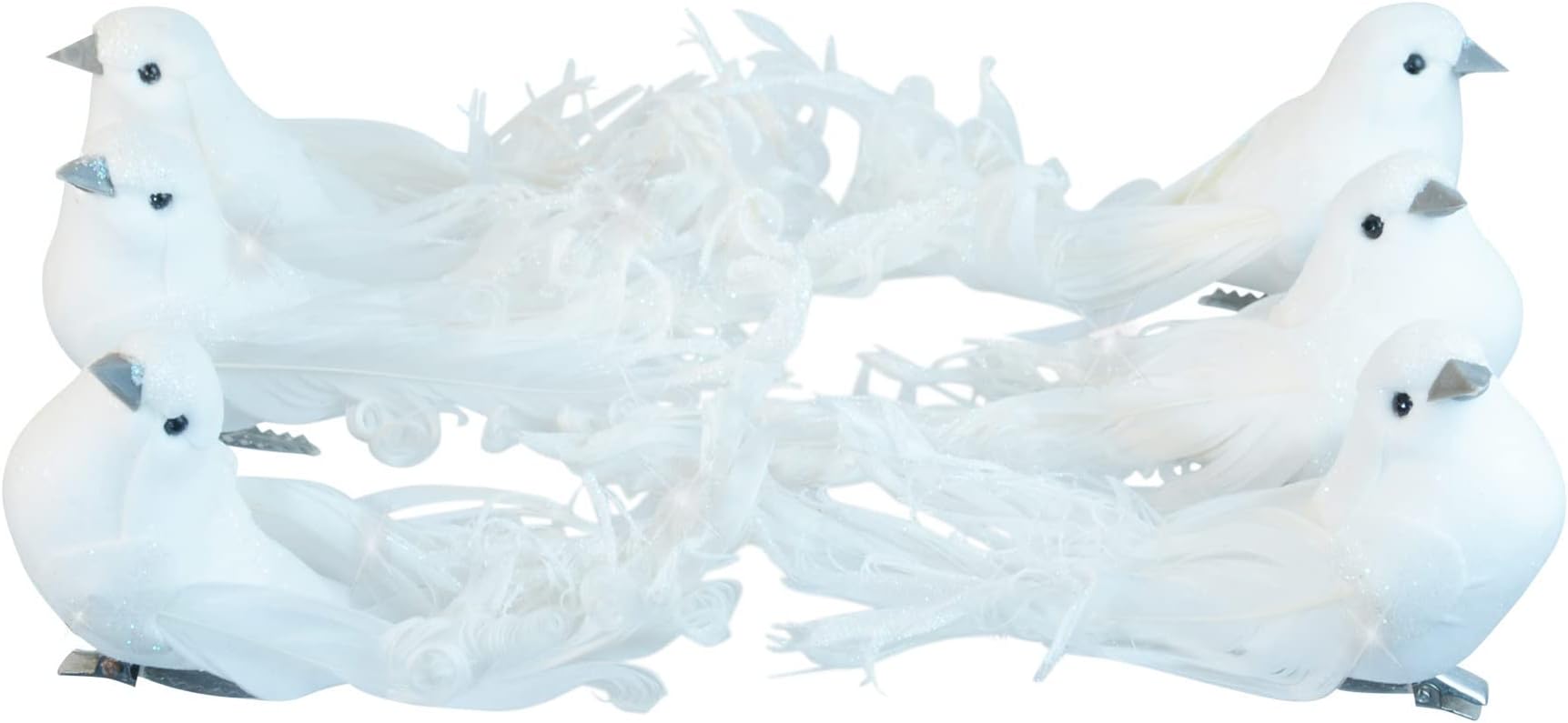 Set of 6 White Christmas Dove Ornaments with Clips,Polyester & Polyester Blend