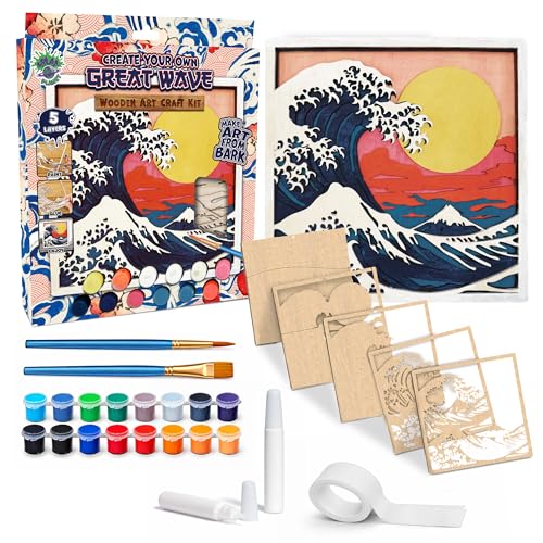 Kit d'art en bois 3D – Peignez votre propre tableau en bois 3D à plusieurs couches pour enfants et adultes, kit de peinture sur bois 3D à faire soi-même, coffret cadeau d'art et d'artis (Great Wave)