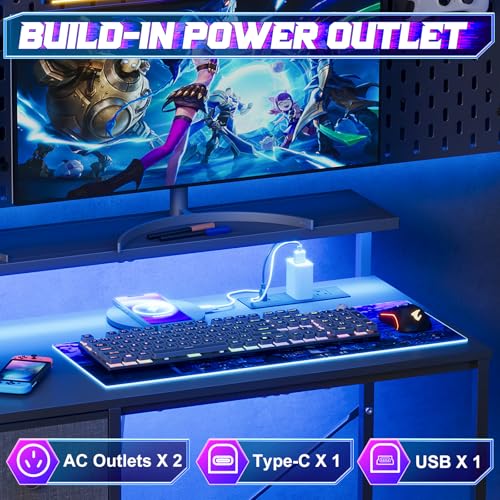 Image of X-cosrack 33.5 inch Small Gaming Desk with LED Lights & Long Monitor Stand, Compact Computer Desk with Power Outlets & CPU Stand, Gamer Table with Storage Drawer for Home Office, Bedroom Corner, Black