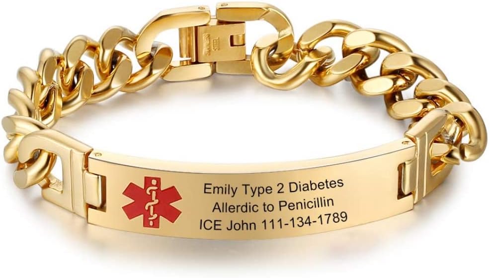 Lam Hub Fong Custom Emergency Medical Alert Bracelet - Free Engraving, Ships Next Day, Non-Tarnish Titanium Steel, Size 7.5-9.5 inches, Medical ID Bracelet for Men & Women, Durable & Comfortable