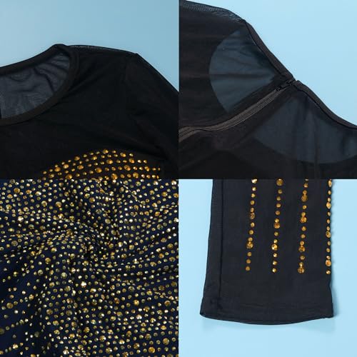 Image of Jigfar Women Sexy Embellished Rhinestone Bodycon Jumpsuit Mesh See Through Patchwork Birthday Party Night Out Clubwear