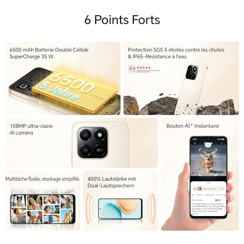 HONOR 400 Smart 4G Smartphone Dual SIM NFC Android 15 6+ 108MP +2MP avec Bouton AI Téléphone 6500mAh Batterie Double Cellule 5 étoiles SGS&IP65 6.77 Pouces 120 Hzécran Confort Desert Gold - vue 2
