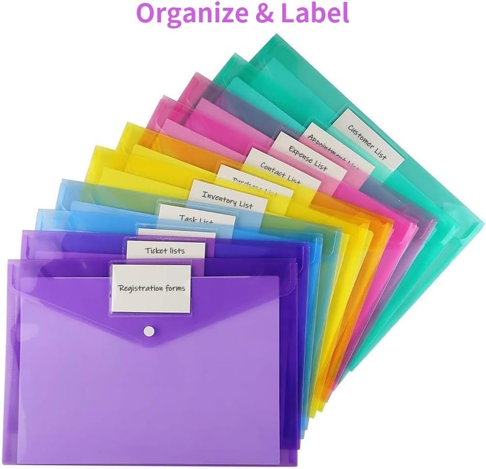 Sooez 48 Pack Folders Plastic Envelopes, Clear Plastic File Folder for Document, Letter A4 Size Poly File Envelopes with Label Pocket, Snap Button for Home Work Office Organizer, 8 Assorted Colors