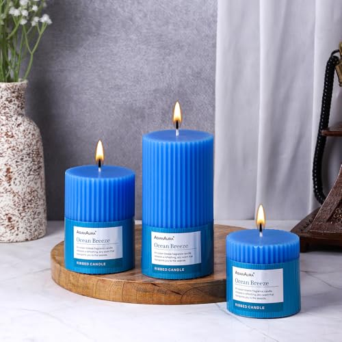 Image of ASIAN AURA Ribbed Pillar Candles - Pack of 3 | Scented Candles for Home Decor, Gifting & Festive Use | Long Burn time up to 36hrs | Clean-Burning Wax & Smokeless Flame (Ocean Breeze)