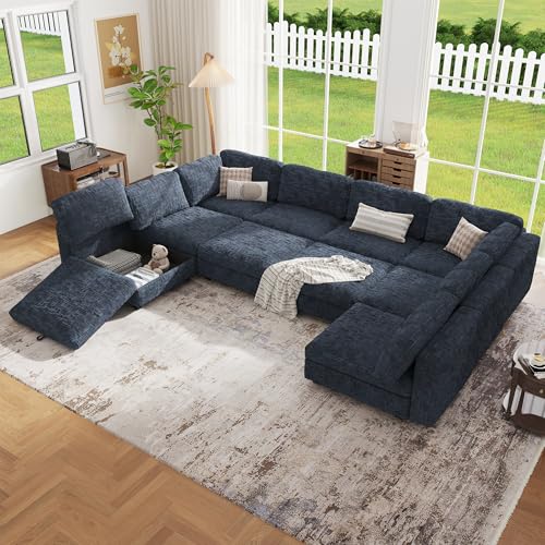 Image of 157 inch Modular Sectional Chenille Sofa bed with Hidden Storage, Comfy Modern 10 Seater Oversized Deep Seat Couch, Modular Sectional with Ottoman and Removable Cover for Living Room, Apartment, Black
