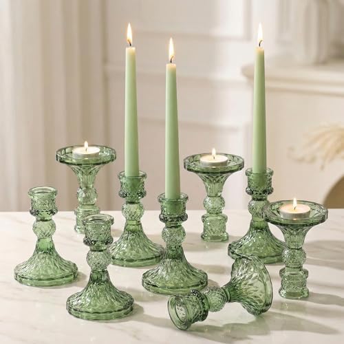 Glass Candle Holder Set of 12, Green Taper Candle Holders Bulk, V...