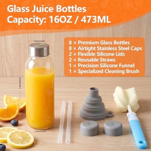 Image of Luxfuel Glass Water Bottles with Lids 16 oz, 8 Pack Reusable Juice Bottle with Stainless Steel Cap & Straw, 100% Leak Proof, BPA Free, Clear Glass Bottles for Juicing, Milk, Smoothies, Fridge Storage