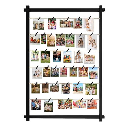 Collage Picture Frame Photo Display Board with Clips Hanging Pictures Frames Photos Wall Decor for Wedding Graduation Party Birthday Greeting Letter Christmas Cards Holder Organizer 39 inch(Black)