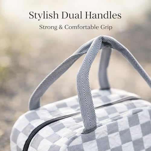 Image of The Earth Store White Check Insulated Lunch Bag for Office, Men, Women | Travel Tiffin Bag with Handle, Waterproof & Leakproof | Reusable Thermal Lunch Box Bags