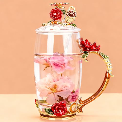 YUEMING vidrio Taza con asa Pared de Vidrio de Borosilicato,Resistente al Calor Tazas de café Taza téLeche,Taza de té con tapa Taza de cafe con cuchara Taza rosa mariposa (Rojo + 350ml)