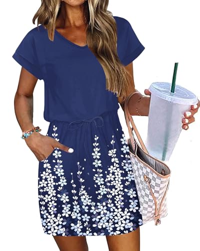 Image of AUSELILY Womens Summer Mini Dress, Short Sleeve V Neck Drawstring Casual | Soft smooth drape with an adjustable drawstring waist for beach, casual outings and daily wear