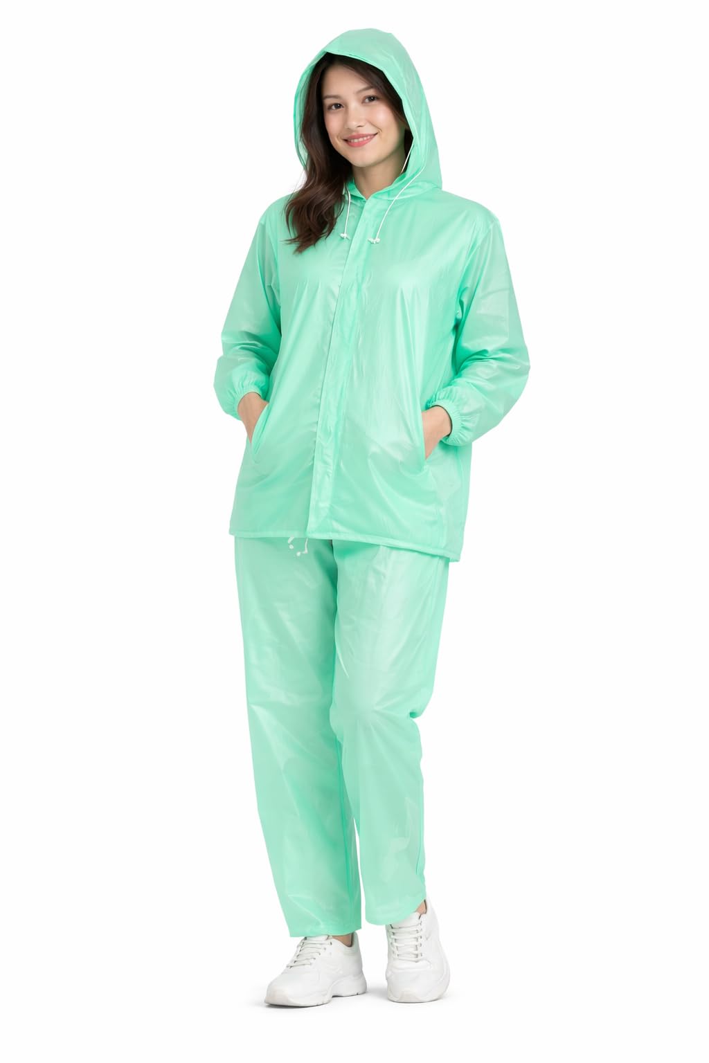 Women Raincoat with Hood and Pants Set, Mint Green, Waterproof Rain Suit, Two Piece Rain Gear-image-27