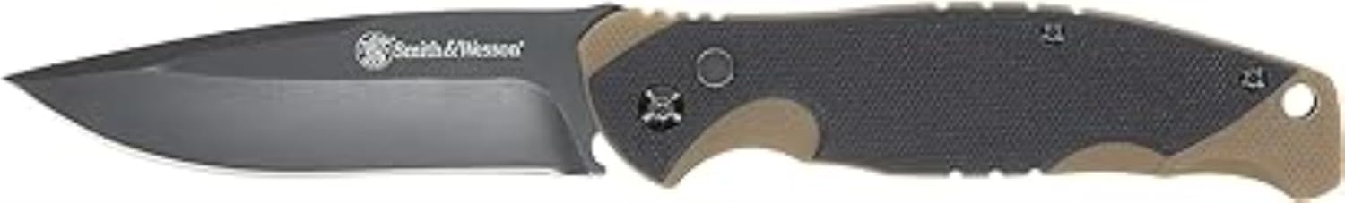 Smith & Wesson Freelancer 8in High Carbon S.S. Push Button Folding Knife with 3.2in Clip Point Blade and G10 Handle for Outdoor, Tactical, Survival and EDC,Black/Brown