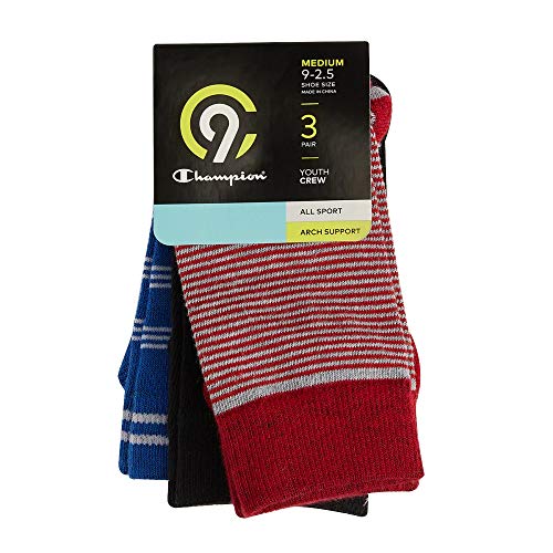 Champion Youth Boys' C9 All Sport Arch Support Crew Socks (3-Pair Pack) (Red, Black, Blue, Shoe Size: Medium (M, 9-2.5))